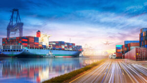 Containers and Trucks Transporting Cargo for Sea freight international shipping